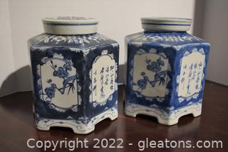 Two Blue and White Large Hexagonal Tea Jars 
